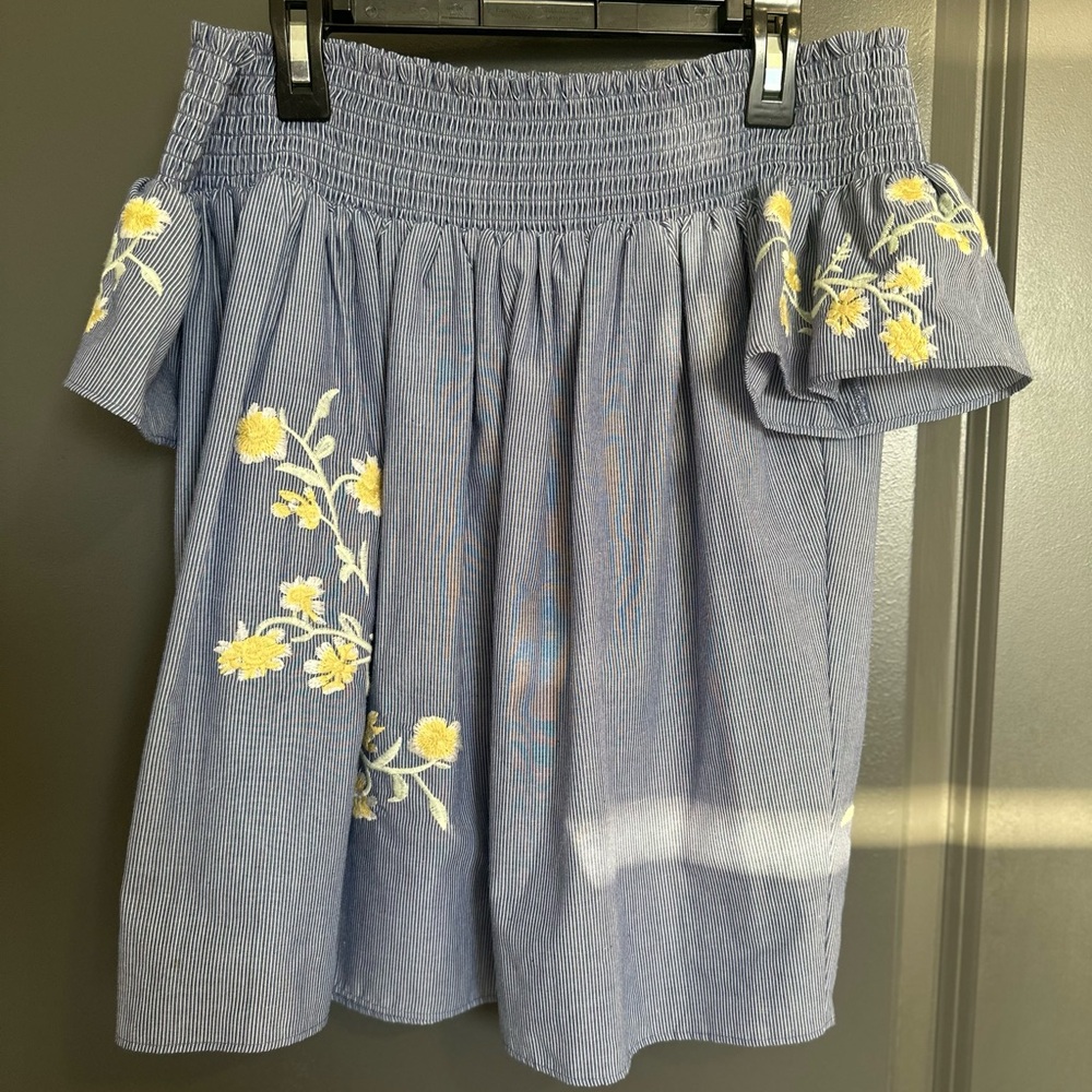 Off-Shoulder Blue Floral Embroidered Women’s Shirt